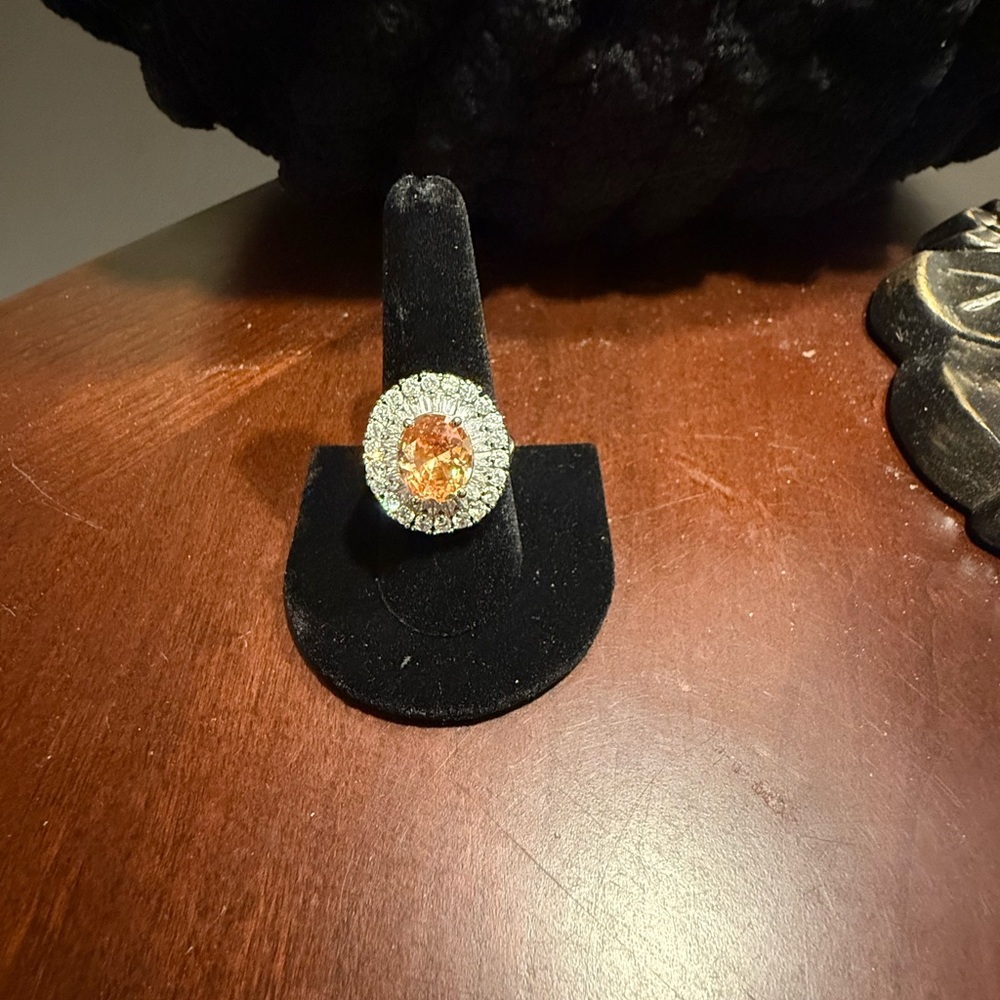 Vintage Ornate Sterling Silver with Citrine Stone Ring with Cubic Zirconia